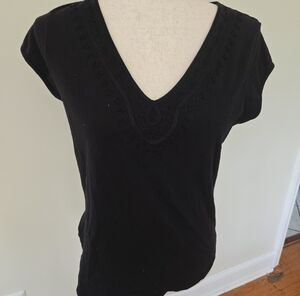GAP Black V-Neck Short Sleeve Top with Subtle Embroidery